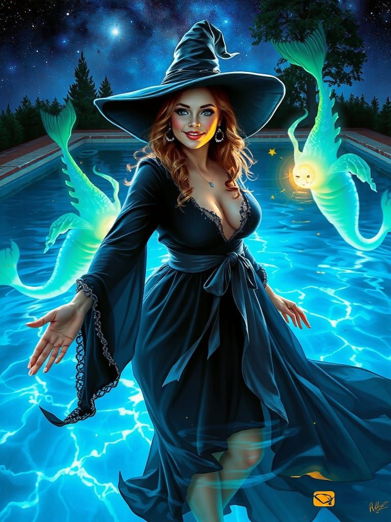 Witch Cleo Greets Ethereal Mermaid Ghosts in Starry Pool