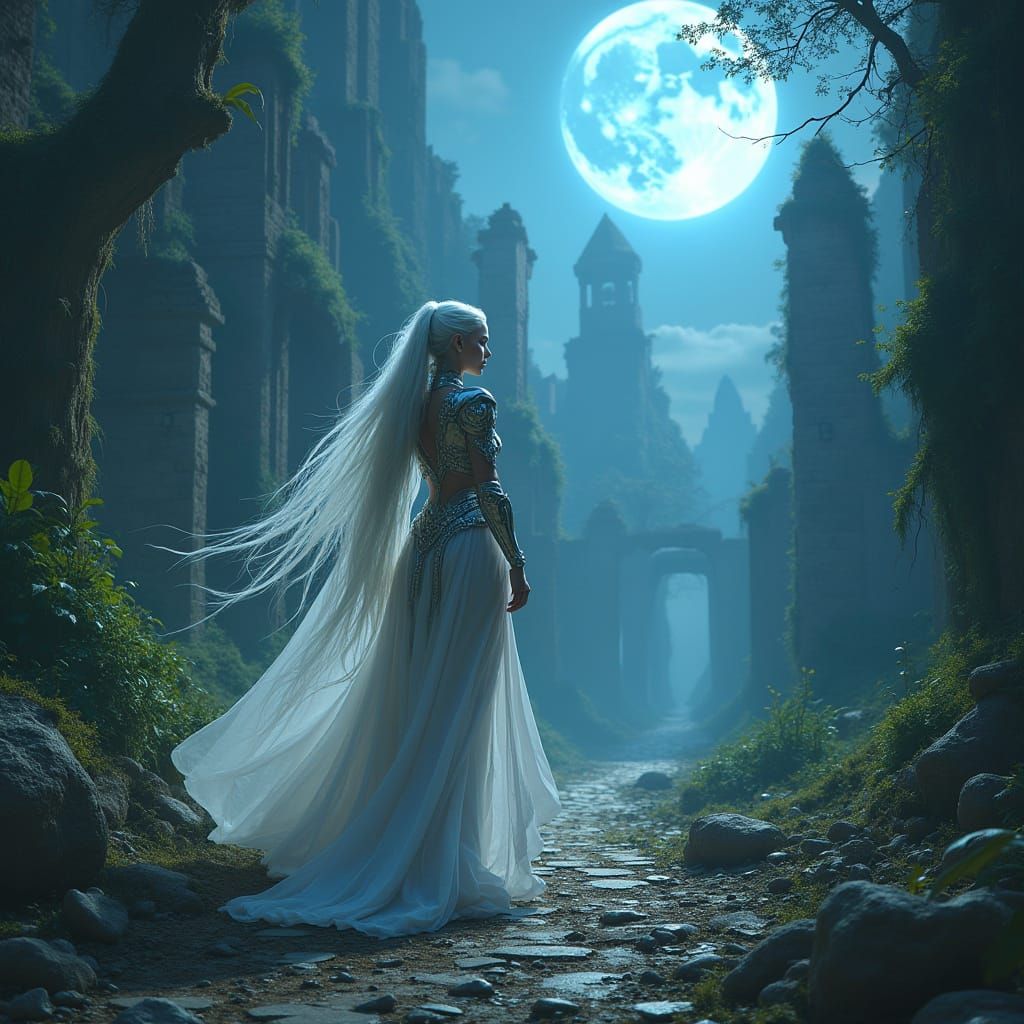 Elf Maiden in Lost City, Dystopian Art
