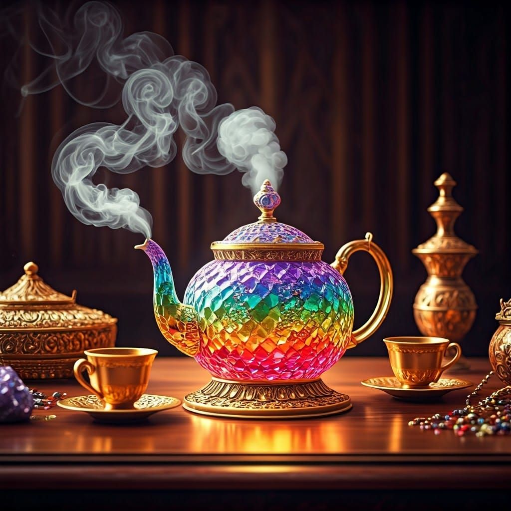 Ethereal Crystal Teapot Amidst Treasure Trove
