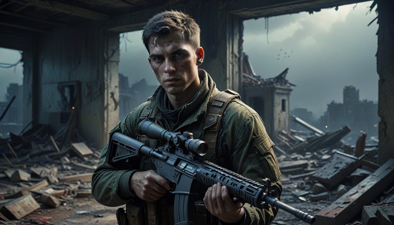 Young Survivor Stands Vigilant in Ruins