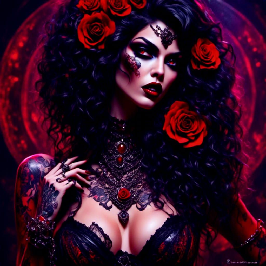 Brunette Vampire Pinup with Intricate Tattoo