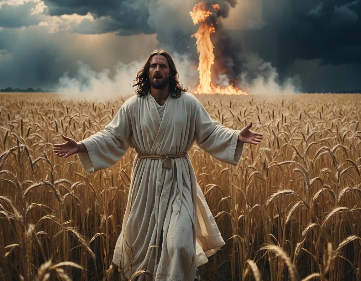 Dramatic Image of Figure in Burning Wheat Field