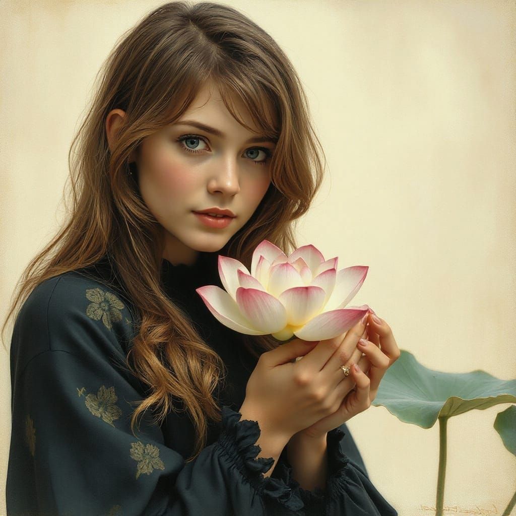 Woman with Lotus Flower in Art Nouveau Style