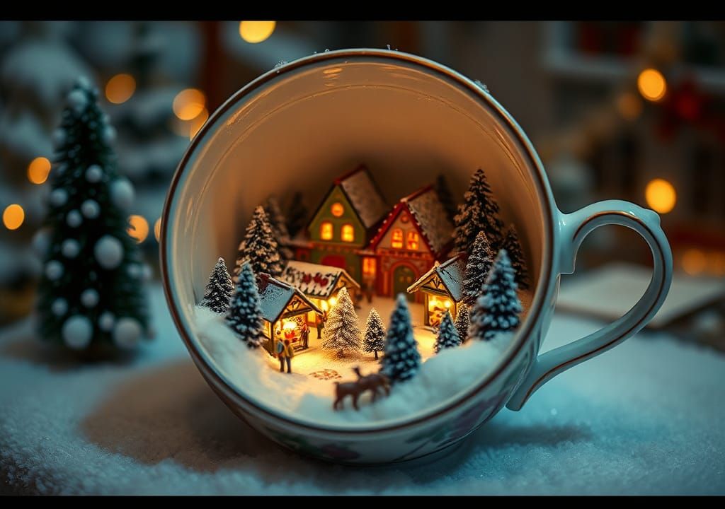 A Snowy Christmas Market Scene in a Porcelain Cup, Cinematic...