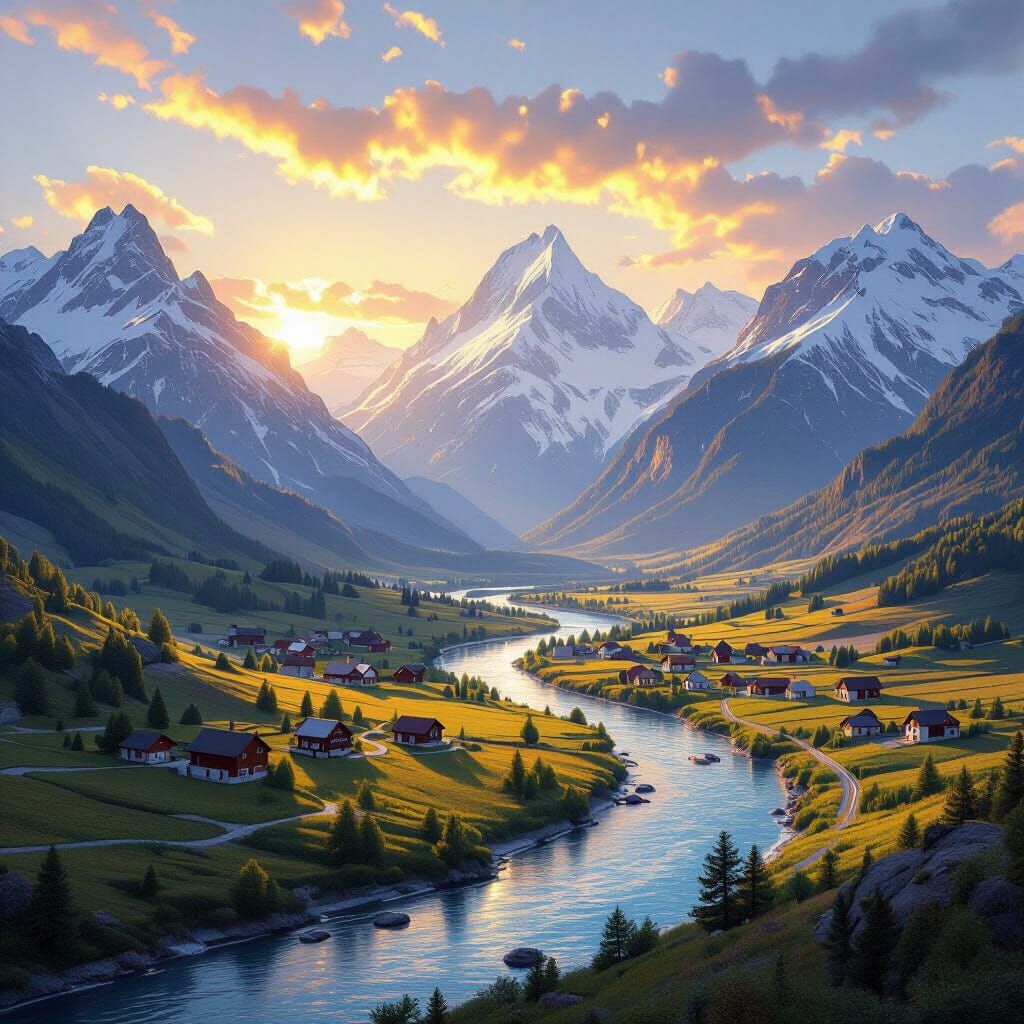 Majestic Mountain Valley Panorama in Hyperrealistic Style