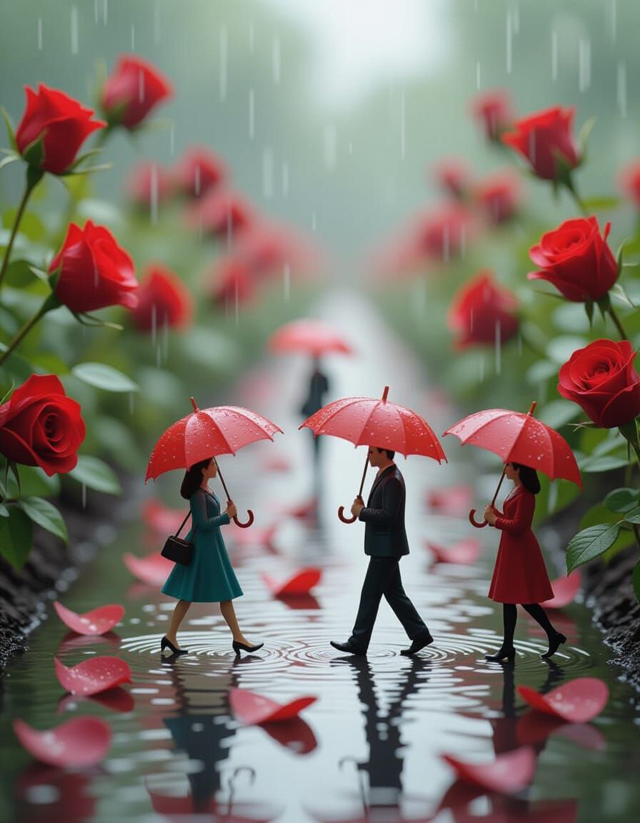Miniature People with Rose Umbrellas in Wet Rose Garden