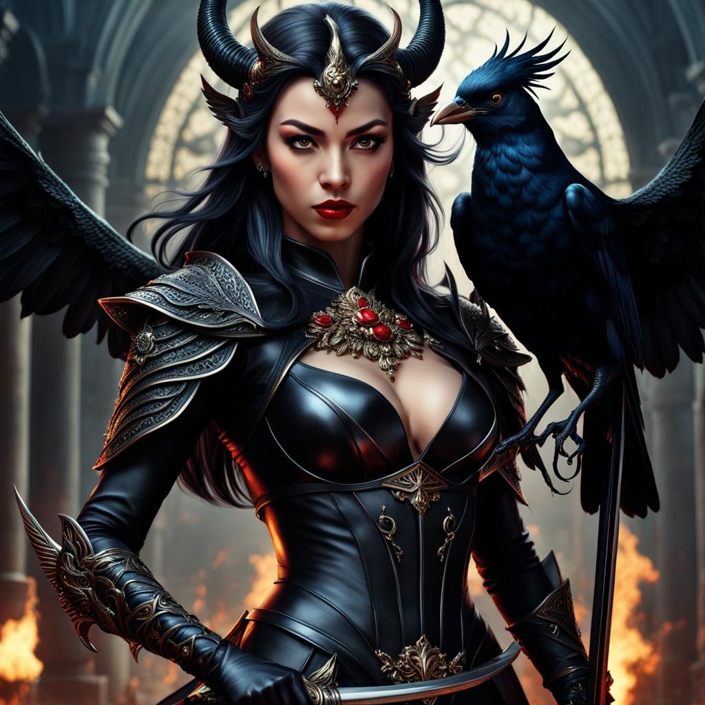 Camio: Beautiful Demoness with Sword and Raven
