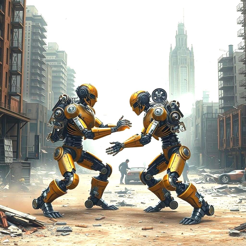 Futuristic Mecha Robots Fight in Dystopian City