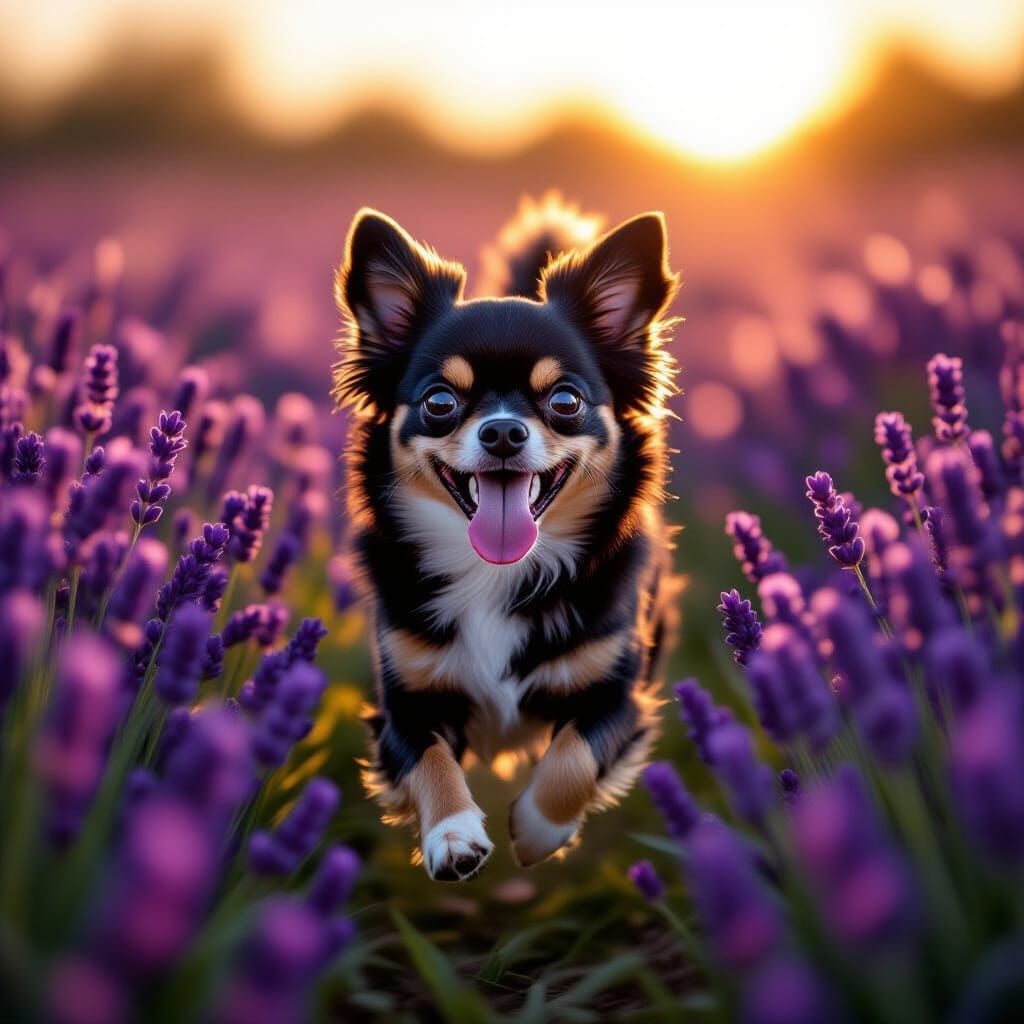 Playful Chihuahua Runs Through Lavender Field at Golden Hour