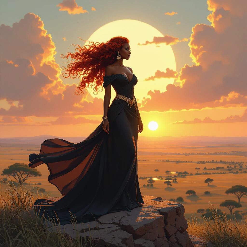 Fiery Haired Woman Overlooking Savannah, in Art Nouveau Styl...
