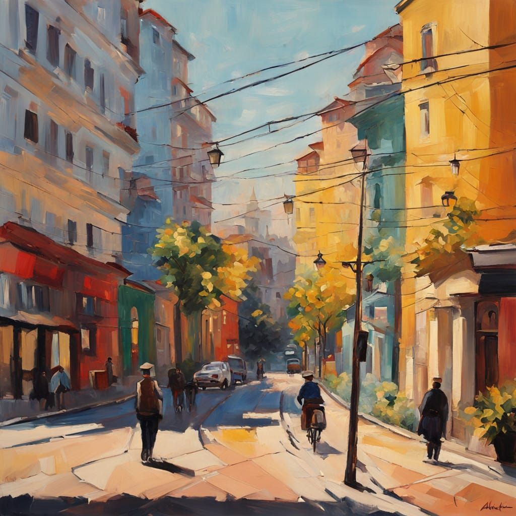 Vibrant Neo-Expressionist Streetscape of Tirana, Albania