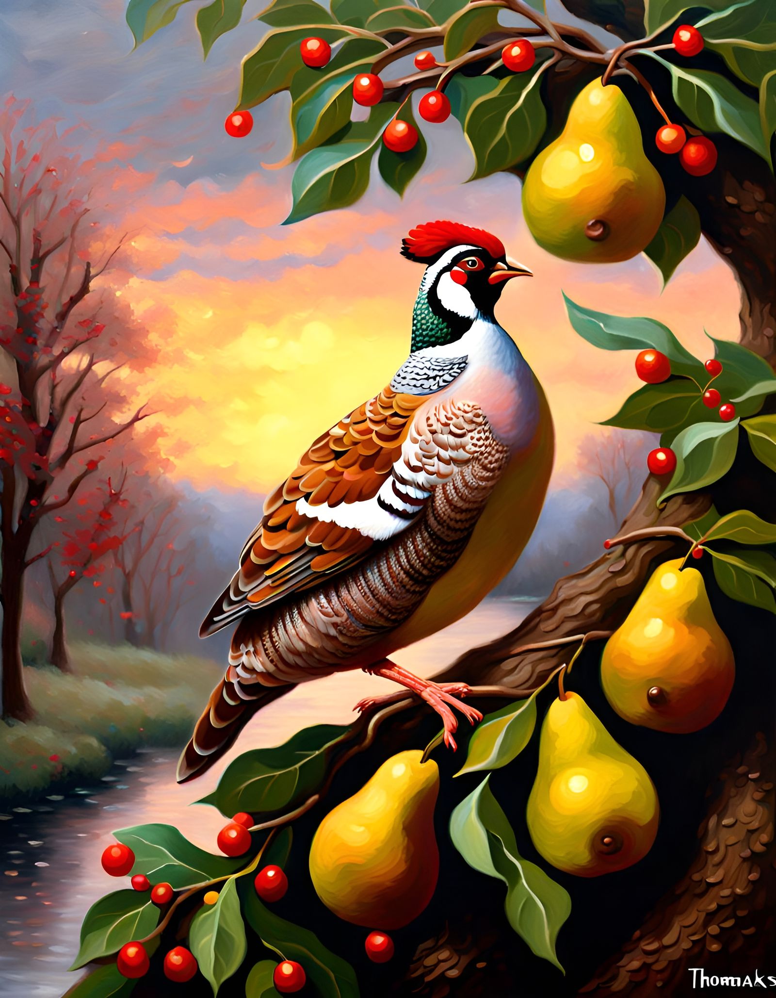 Partridge in Pear Tree: Folk Art Oil Painting