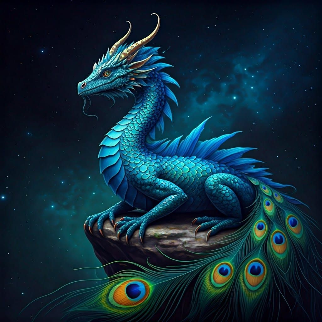 Ethereal Blue Dragon with Peacock Feathers in Cosmic Hologra...