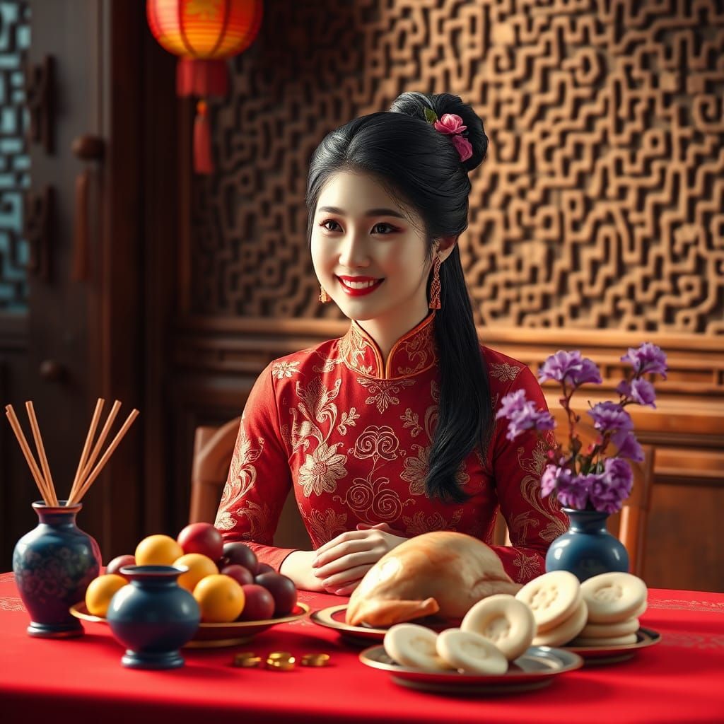 Chinese Girl at Worship Table, Detailed Matte Painting