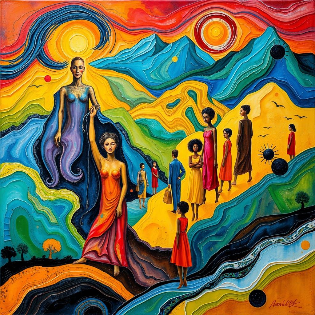 Cubist Figures and Post-Impressionist Landscapes in Gouache