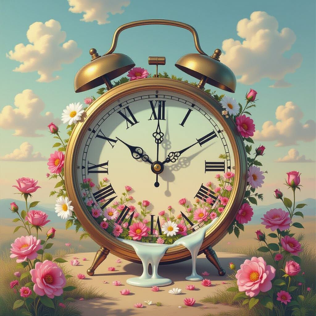 Melting Clock Dissolves into Flowers in Dreamscape
