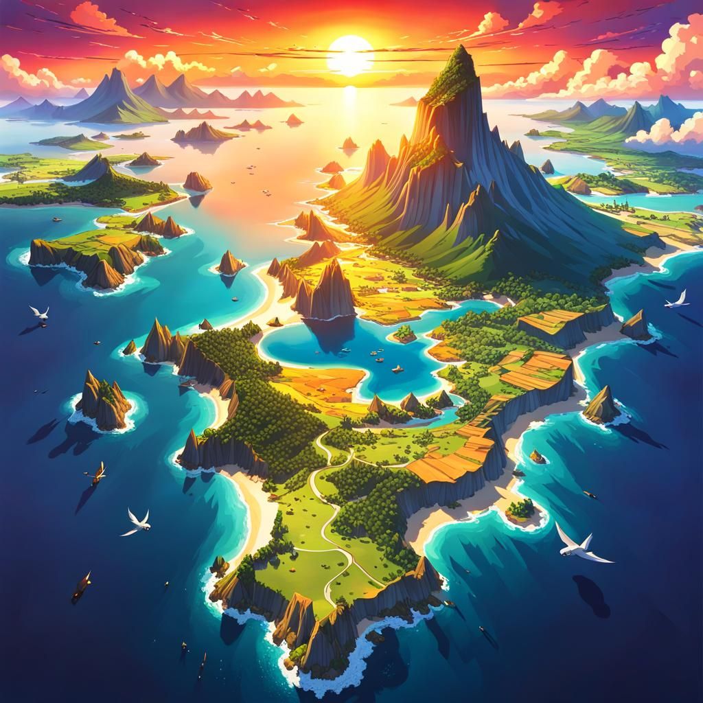 Anime Fantasy World Map at Sunset