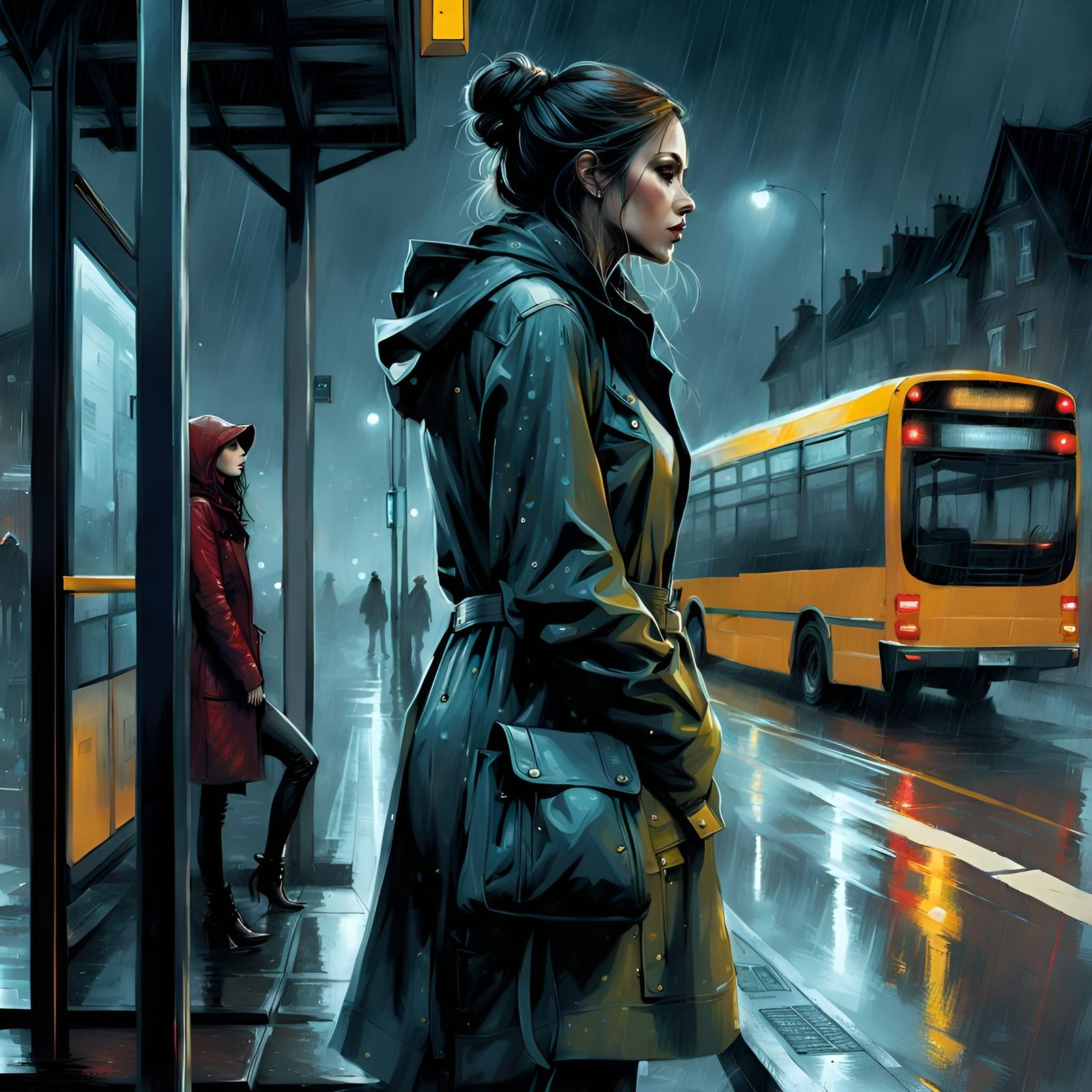 Rainy Night Bus Stop in Gouache Style