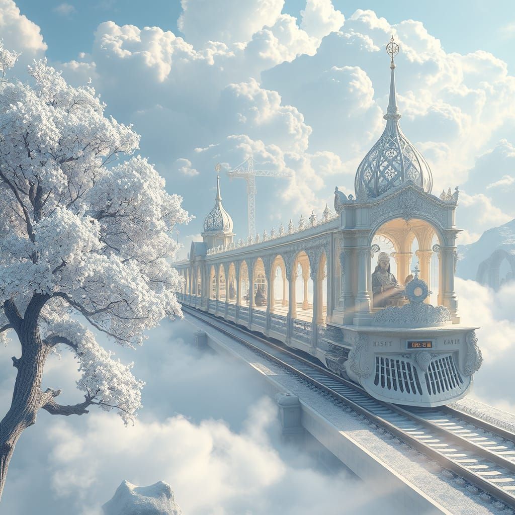 Majestic Ivory Crystal Train Station in Dreamy, Surreal City