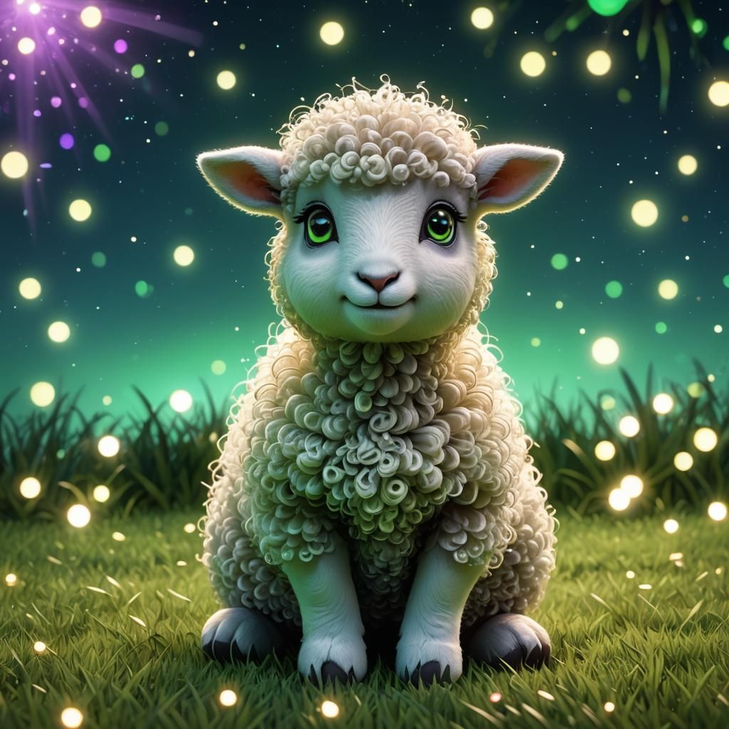 Cute Chibi Sheep with Big Eyes in 3D Style