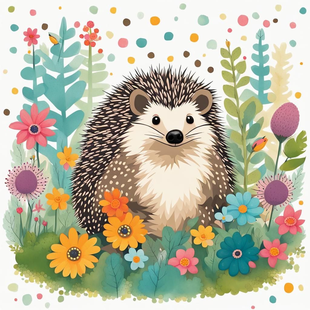 Boho Hedgehog in Spring Forest Illustration