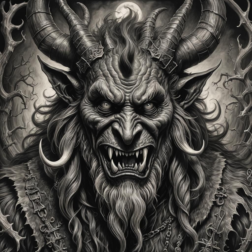 Hyperdetailed Charcoal Drawing of Krampus