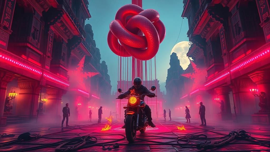 Cybernetic Traveler in Dystopian Temple as Gouache Painting