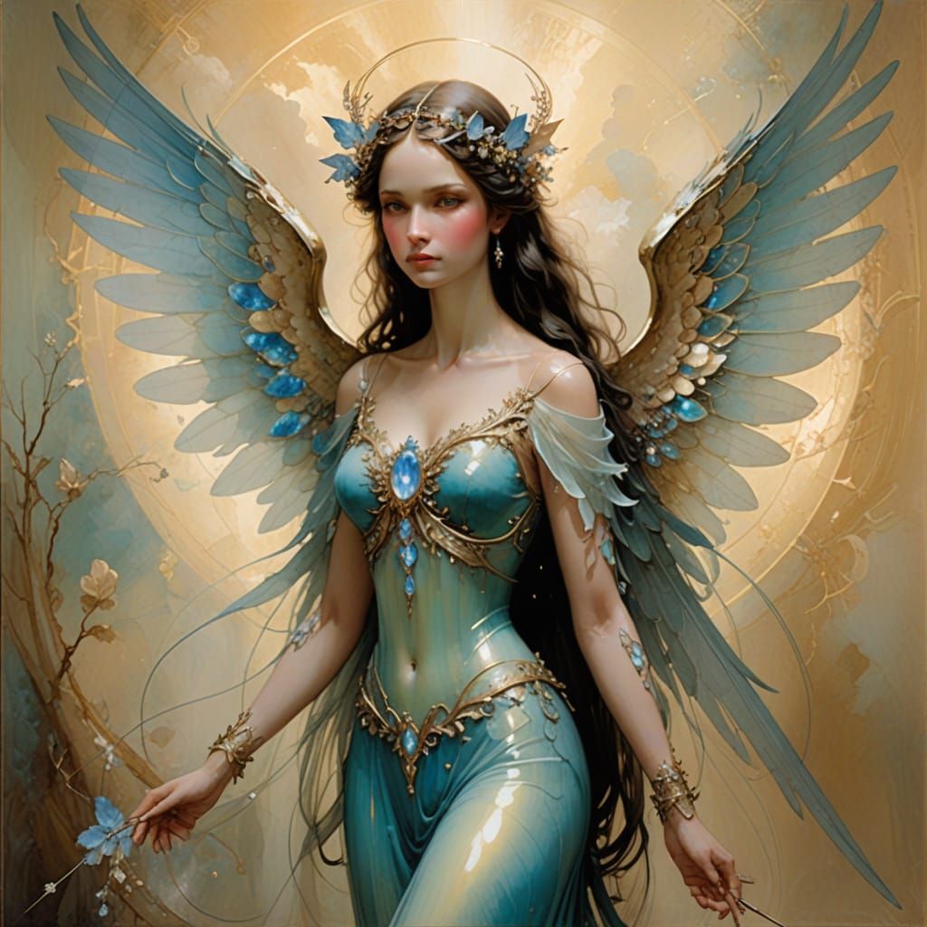Iridescent Angel with Opal Wings, Surrealist Style