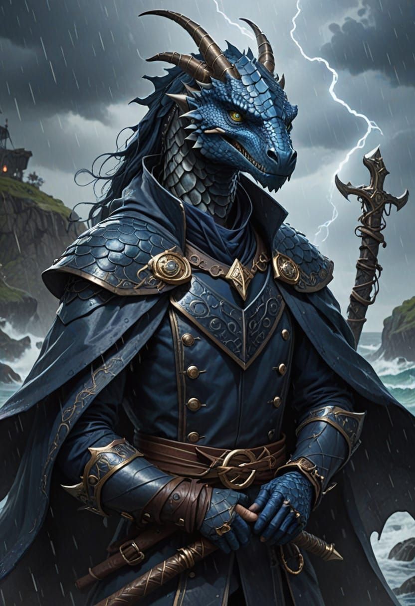 Sapphire Storm Druid: A Non-Binary Sea Serpent Humanoid