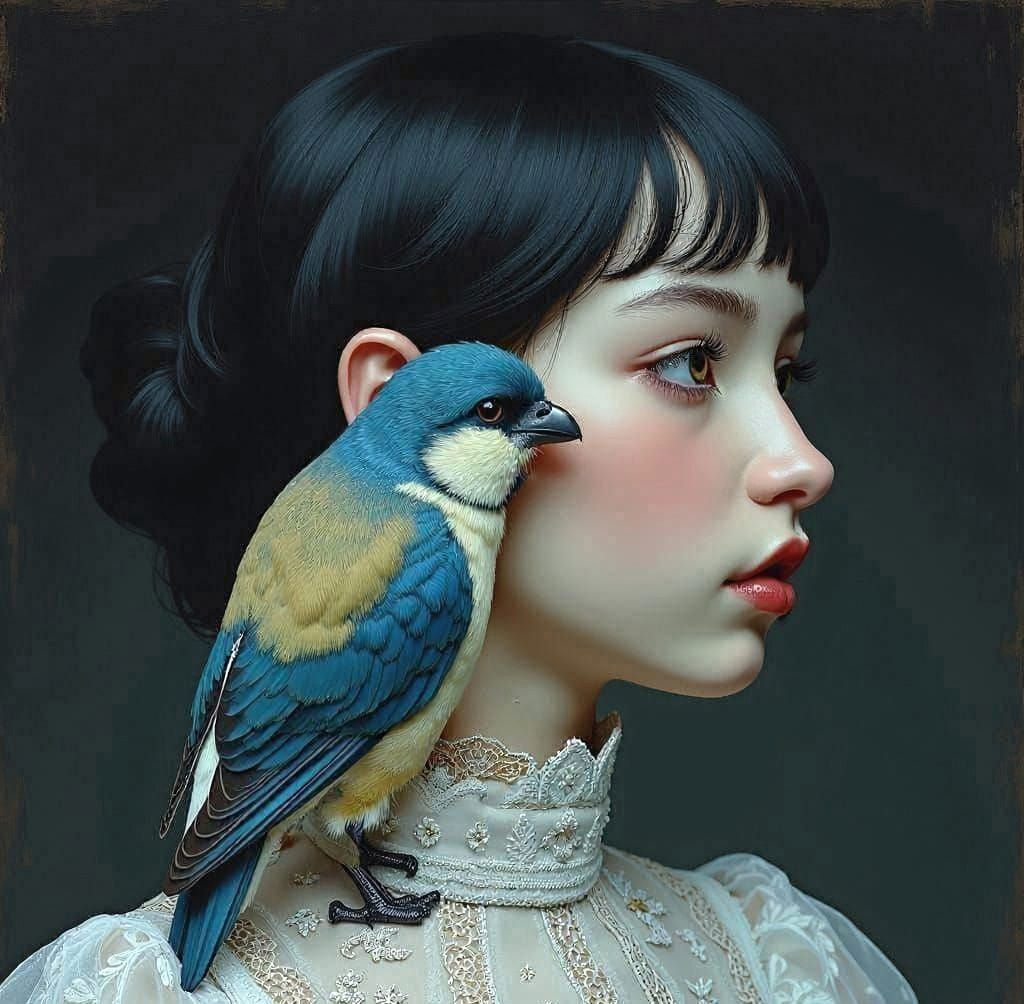Girl with Goldfinch Portrait in Muted Tones