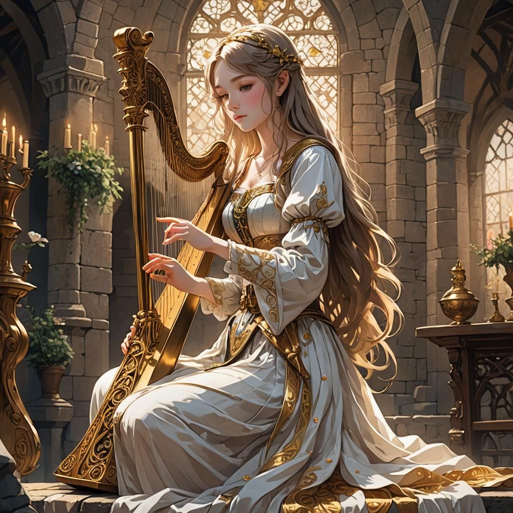Ethereal Maiden Plays Harp in Anime Style