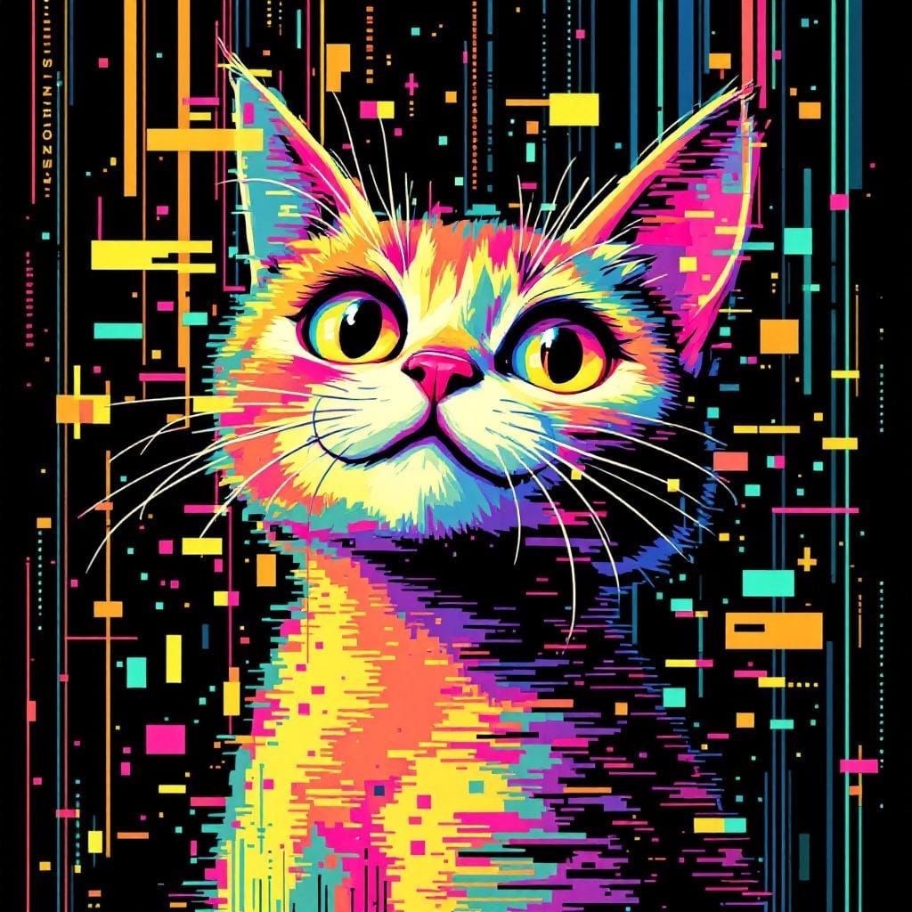 Cartoon Cat Portrait Glitching in Retro Style