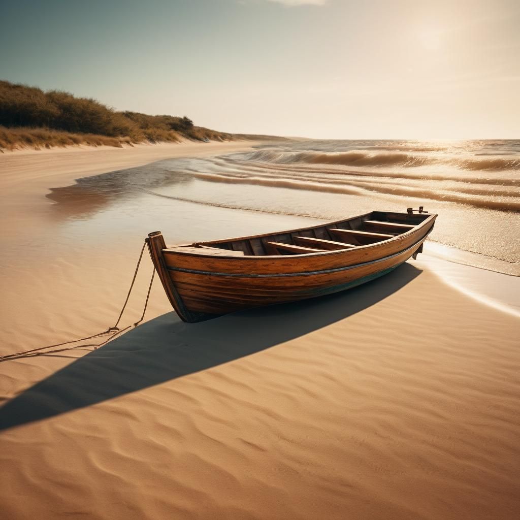 Mini Wooden Boat at Sunset: A Cinematic Still