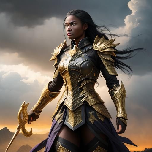 Epic Black Warrior Woman in Holographic Gold Armor