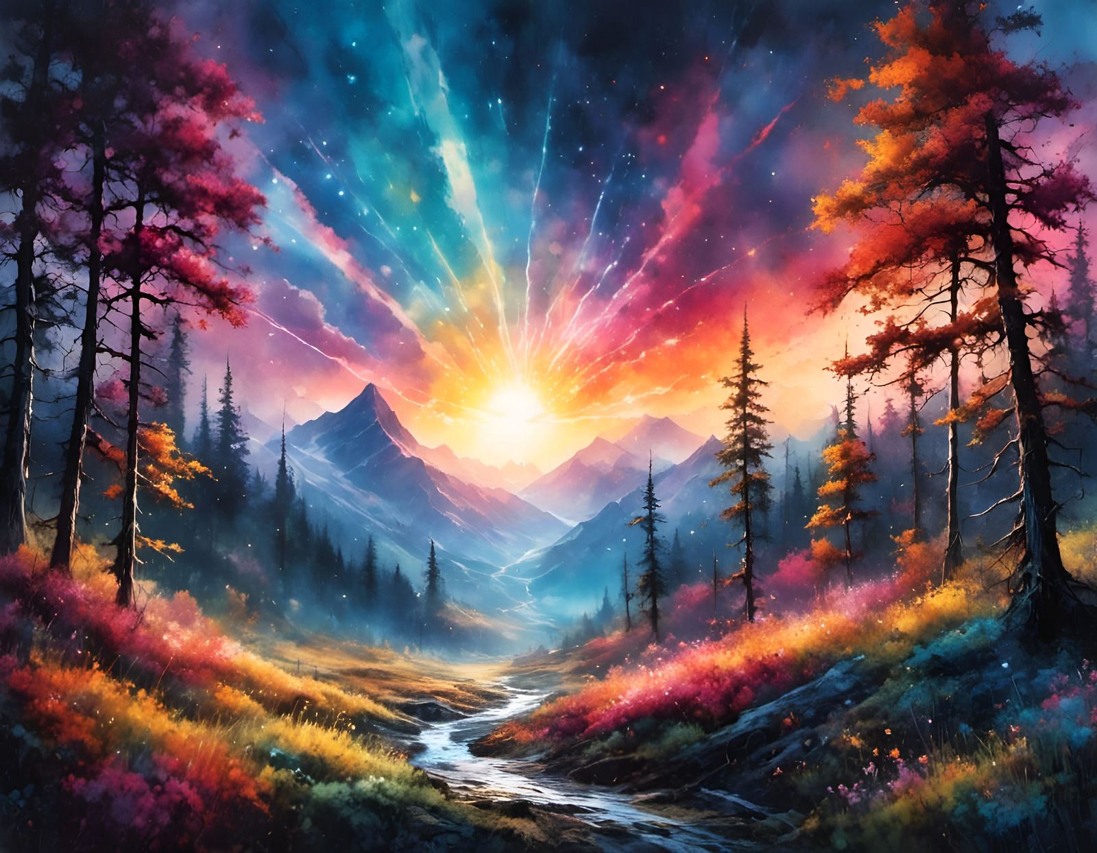 Hopeful Sunrise with Raincloud in Watercolor Style