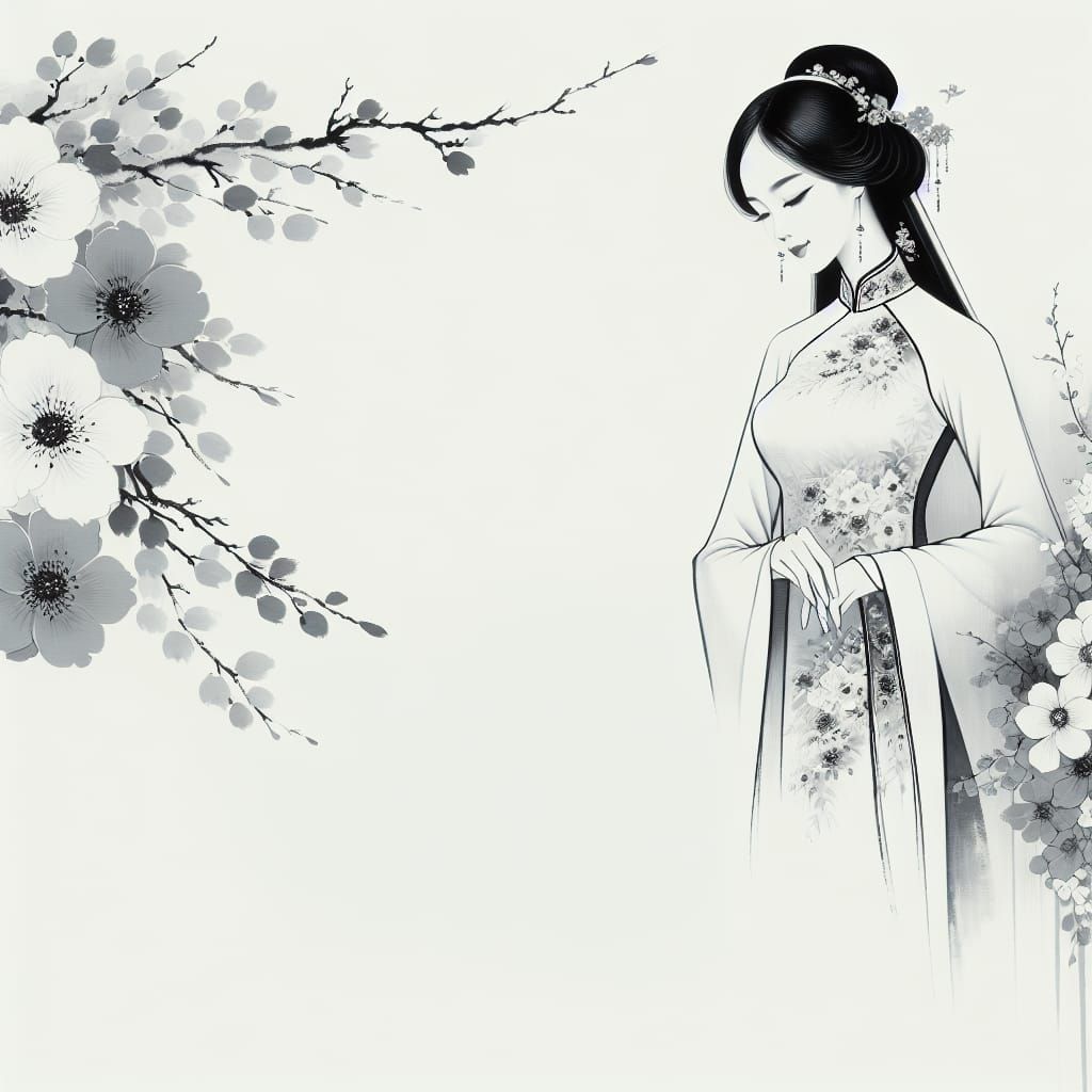 Elegant Lady in Ao Dai: Chinese Ink Painting