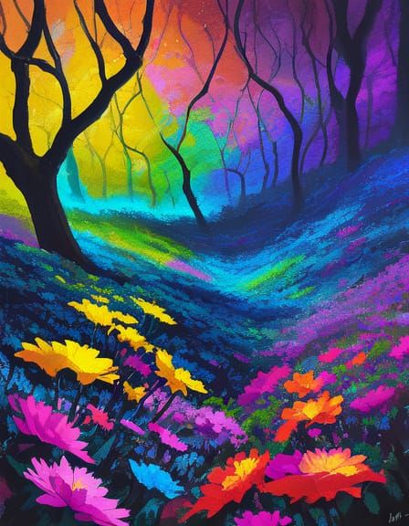 Surreal Forest Blooms in Vibrant Colors with Thick Brushstro...