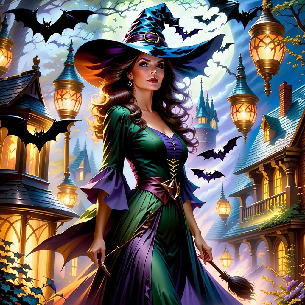 Witch and Bats in Hyperdetailed Action Painting