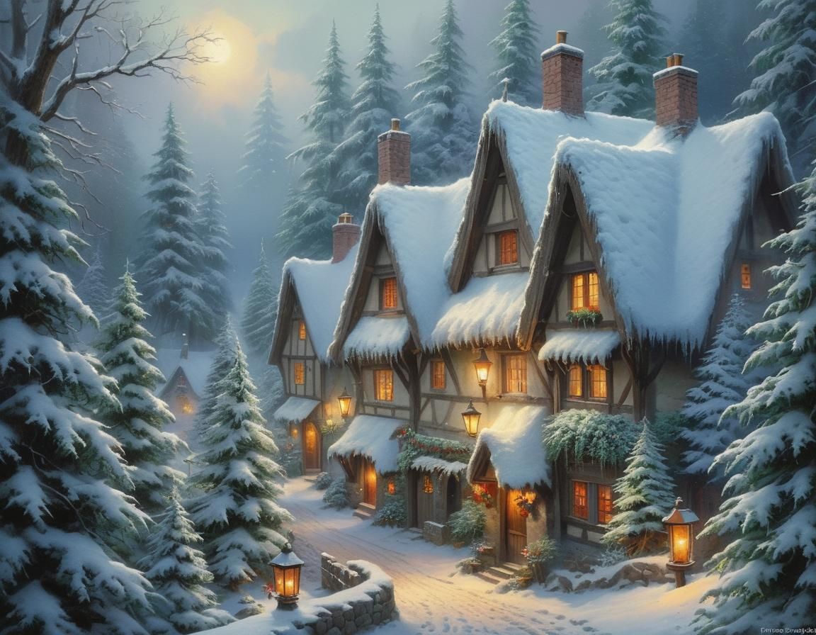 Snowy Medieval Village Under Starry Night Sky