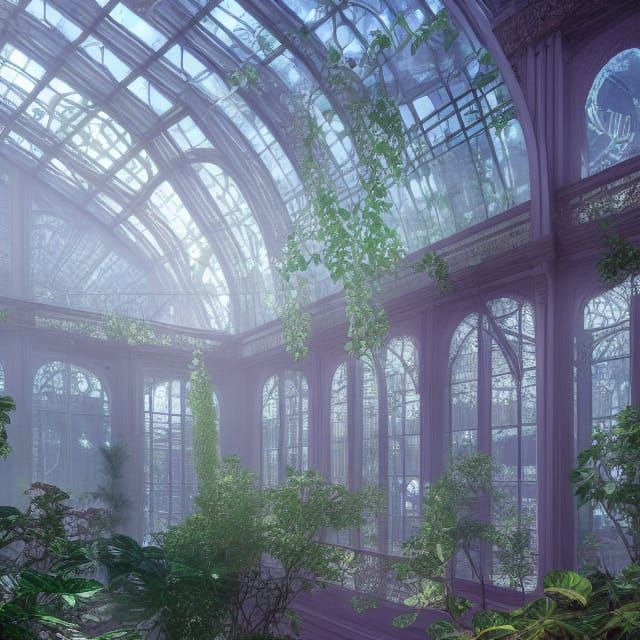 Victorian Glass Greenhouse with Wisteria in Art Nouveau Styl...