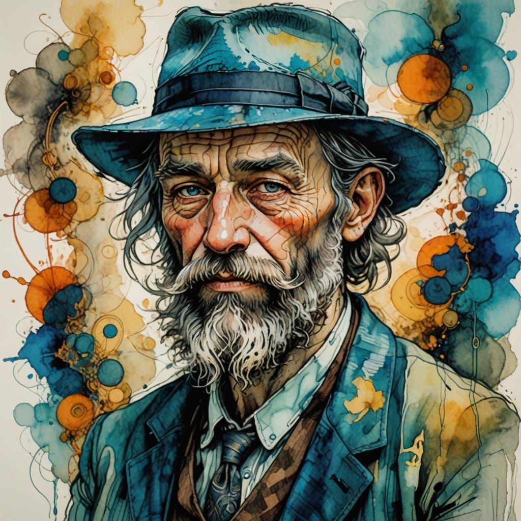 Whimsical Portrait in Fedora and Water-Diluted Ink