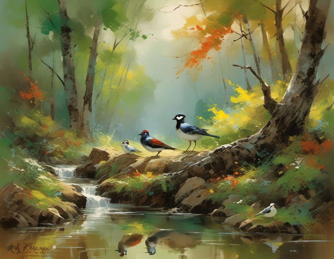 Sparrows and Swallows in Tree: Cel-Shaded Anime Style