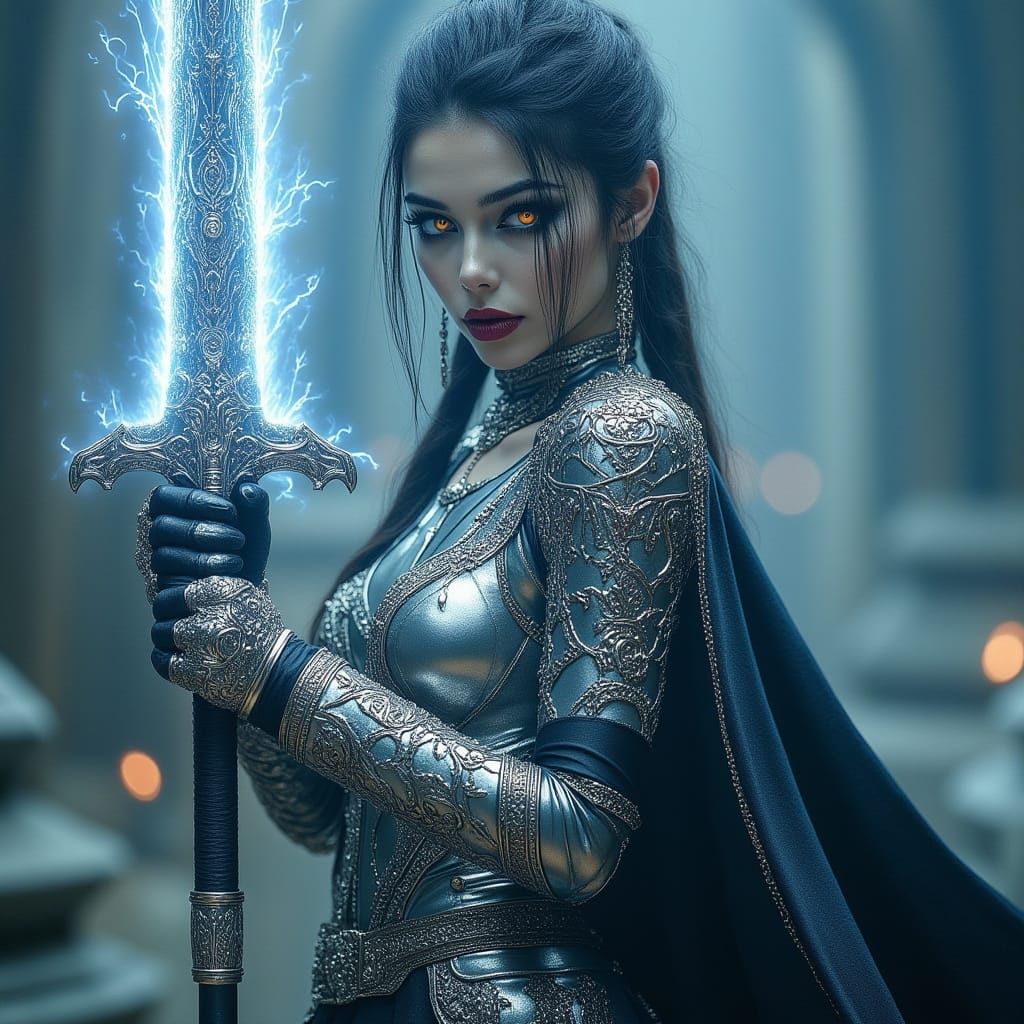 Enchanted Warrior in Storm, Dark Fantasy Style