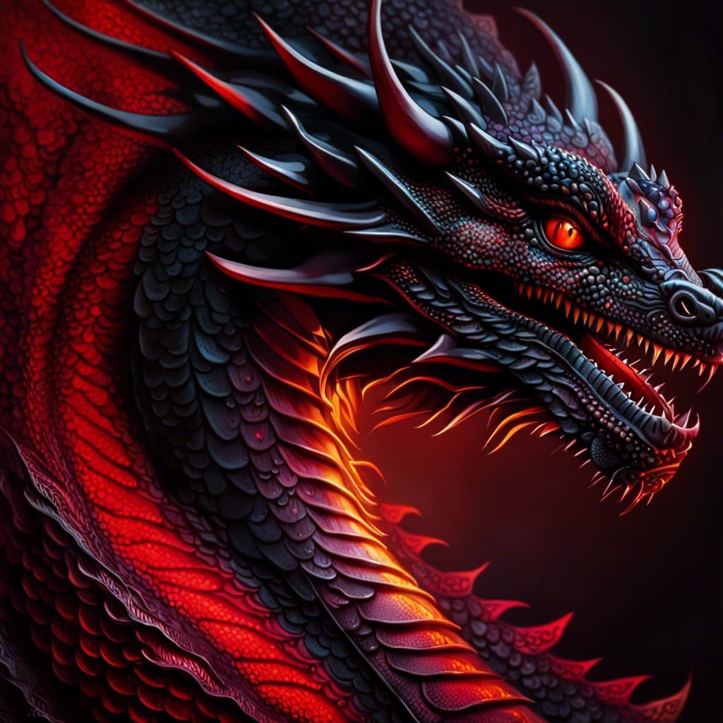 Hyperrealistic Red and Black Dragon Splash Art