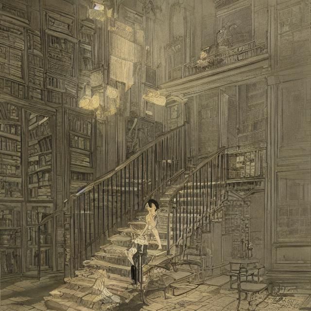 Moth Girl Climbing Victorian Stairs in Manga Style