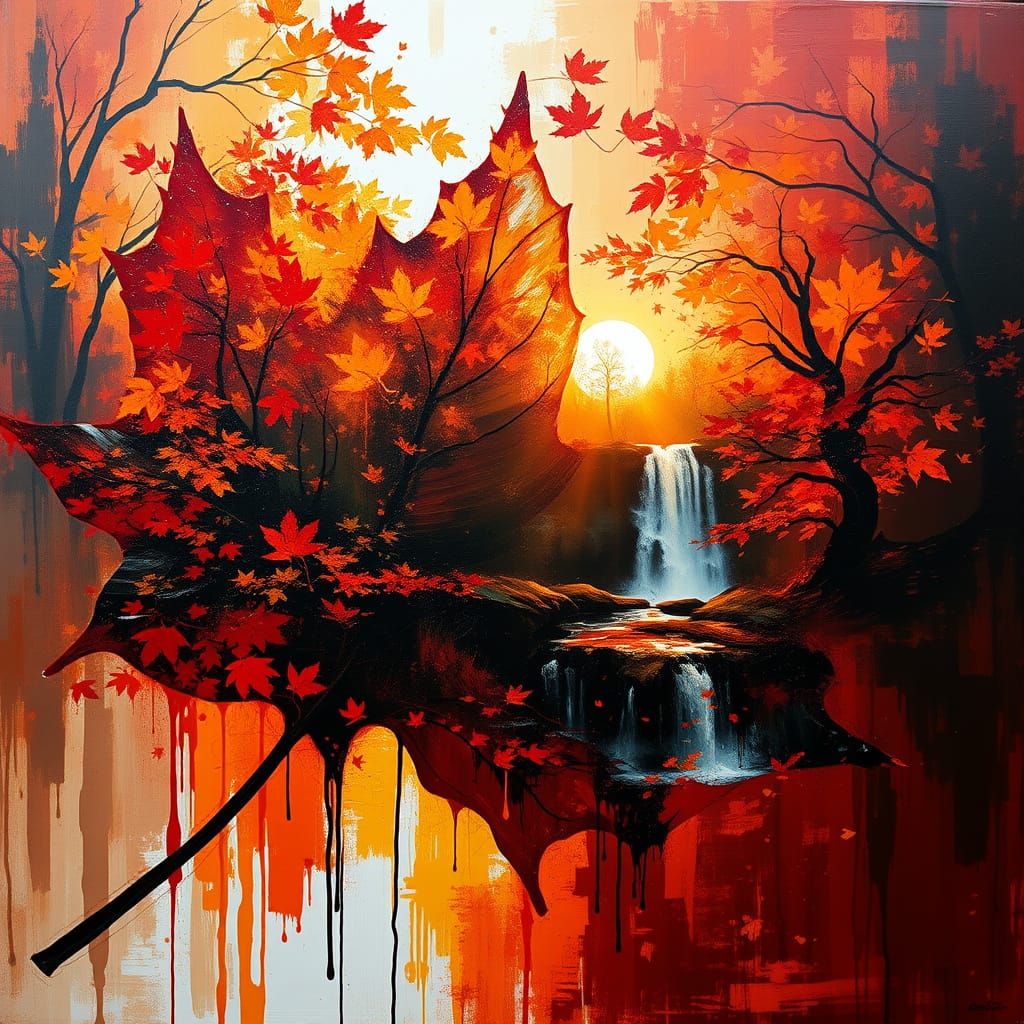 Autumn Leaf Waterfall Impasto Oil Painting