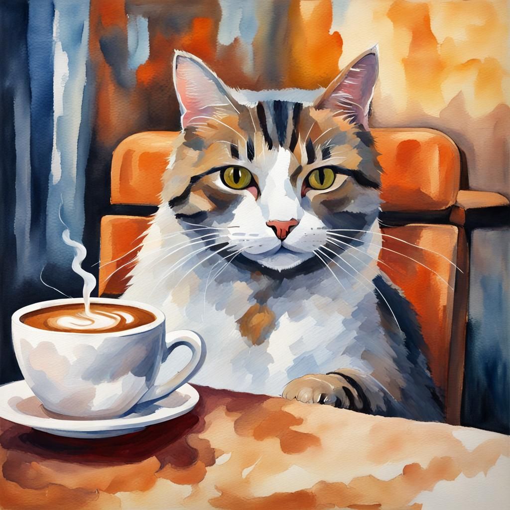 Cat and Coffee in Gouache Style
