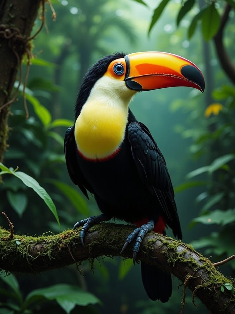 <lora:CHIMERA SAVAGE:0.8> A vibrant toucan perched on a moss‑covered branch in the dense Amazon jungle, massive multicol...