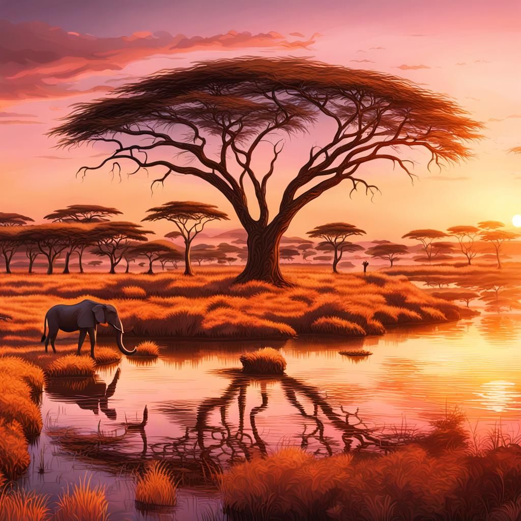 Majestic African Sunset Over Lake: Vibrant Digital Art