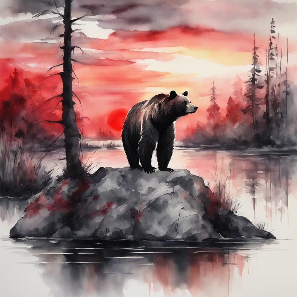 Bear on Rock: Watercolor Painting in Abstract Landscape